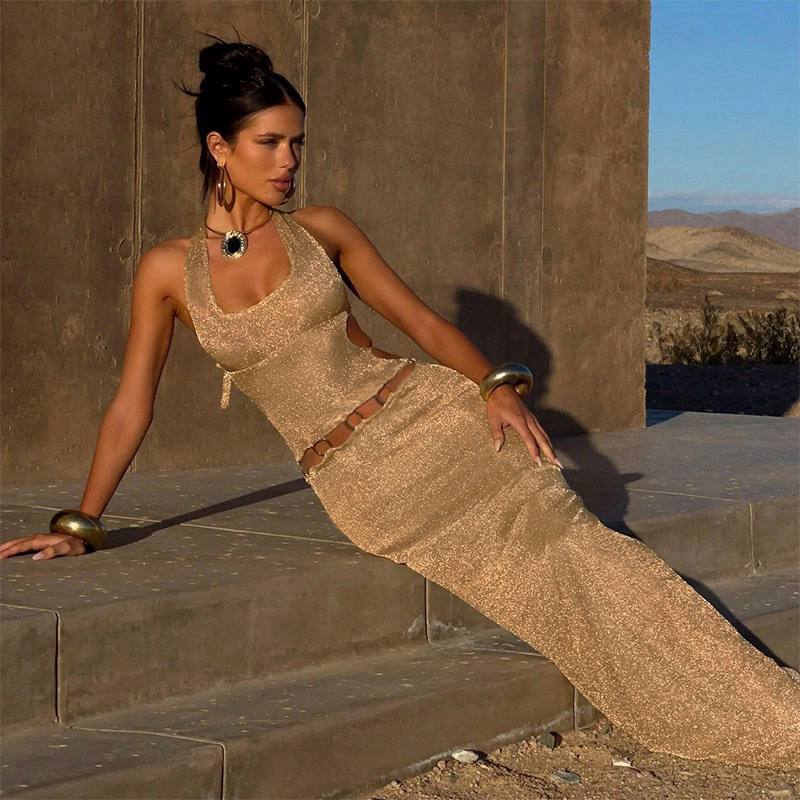 Golden Tide Halter Cut-Out Dress - Image 3