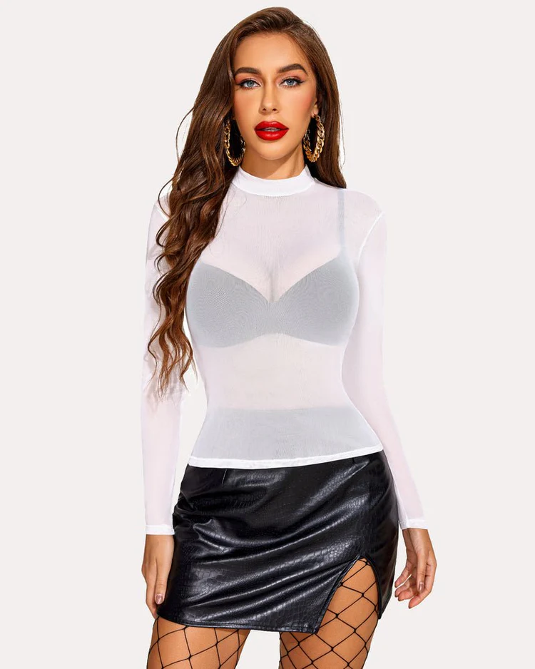 Leopard Sheer Long Sleeve Mock Neck Mesh Crop Top - Image 3
