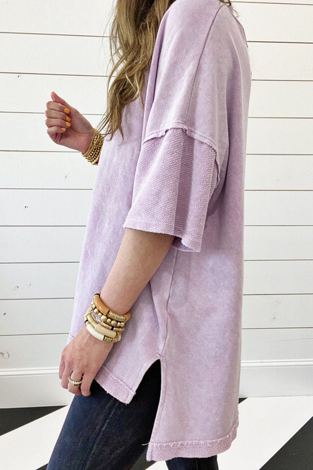 Orchid Petal Mineral Wash Exposed Seam Drop Shoulder Oversized Tee - Image 8