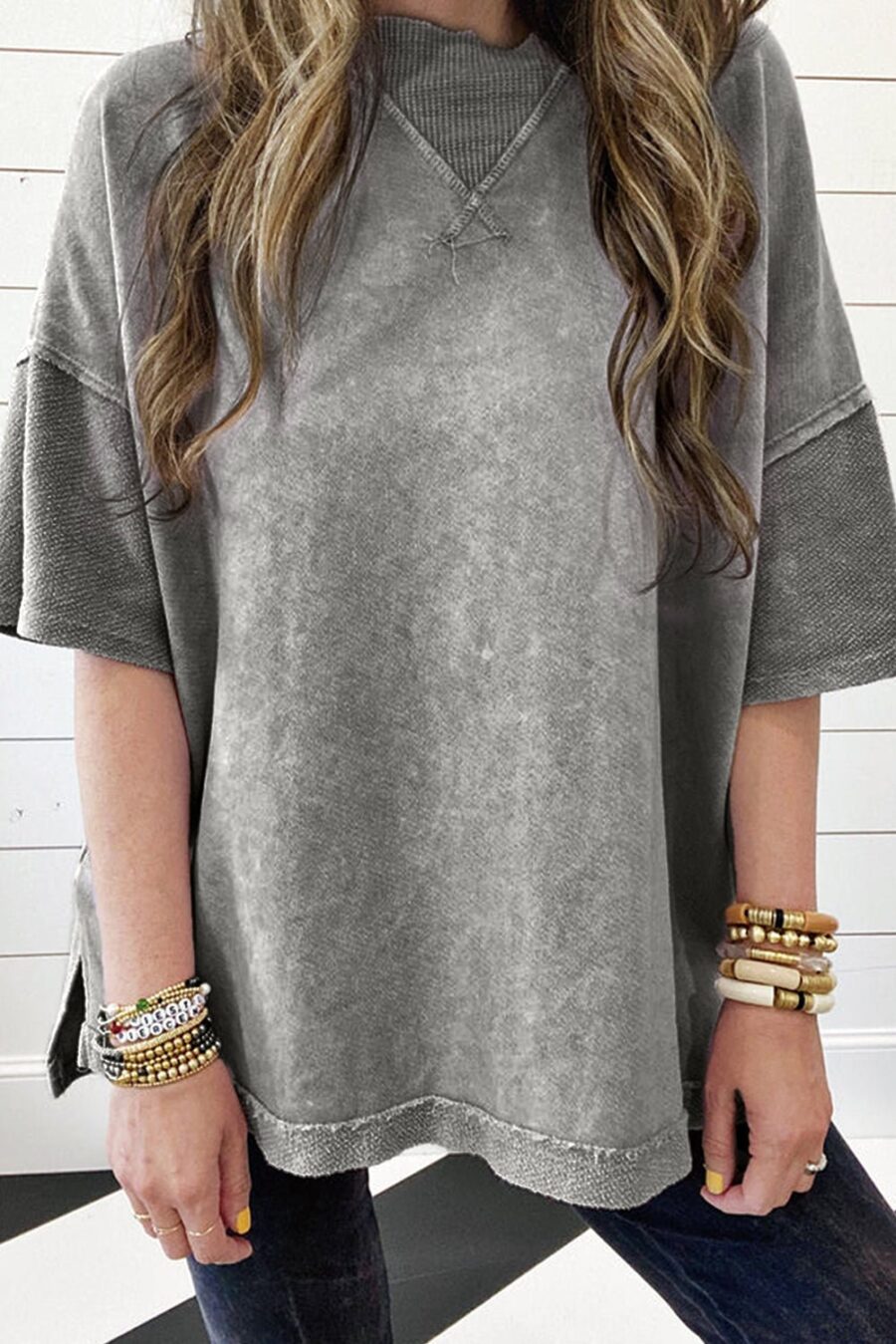 Orchid Petal Mineral Wash Exposed Seam Drop Shoulder Oversized Tee - Image 3