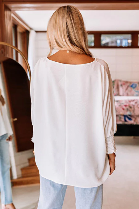 White Plain & Casual Shirred Cuffs Half Sleeve Top - Image 12