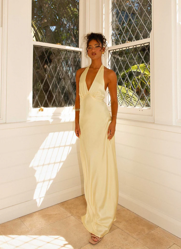 Heavy Hearted Satin Maxi Dress - Lemon - Image 5