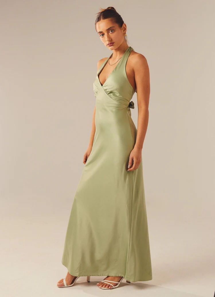 Heavy Hearted Satin Maxi Dress - Sage - Image 2