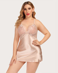 Plus Size V Neck Lace Satin Sleepwear - Image 12