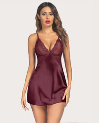 Plus Size V Neck Lace Satin Sleepwear - Image 5