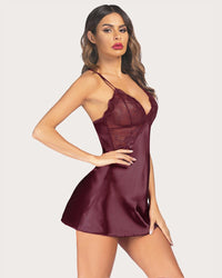 Plus Size V Neck Lace Satin Sleepwear - Image 6