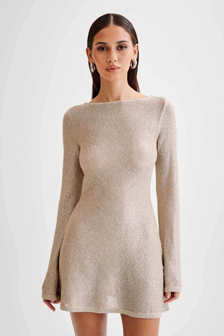 Taupe Twilight Sequin Mini Dress - Image 3
